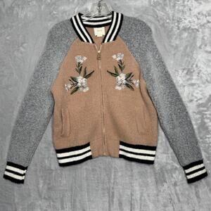 Maeve Jacket Womens XS Varsity Bomber Floral Embroidered Zip Pocket Knit